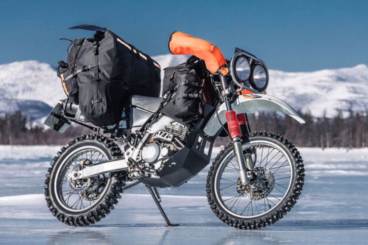 motorcycle prepared for riding in Siberia