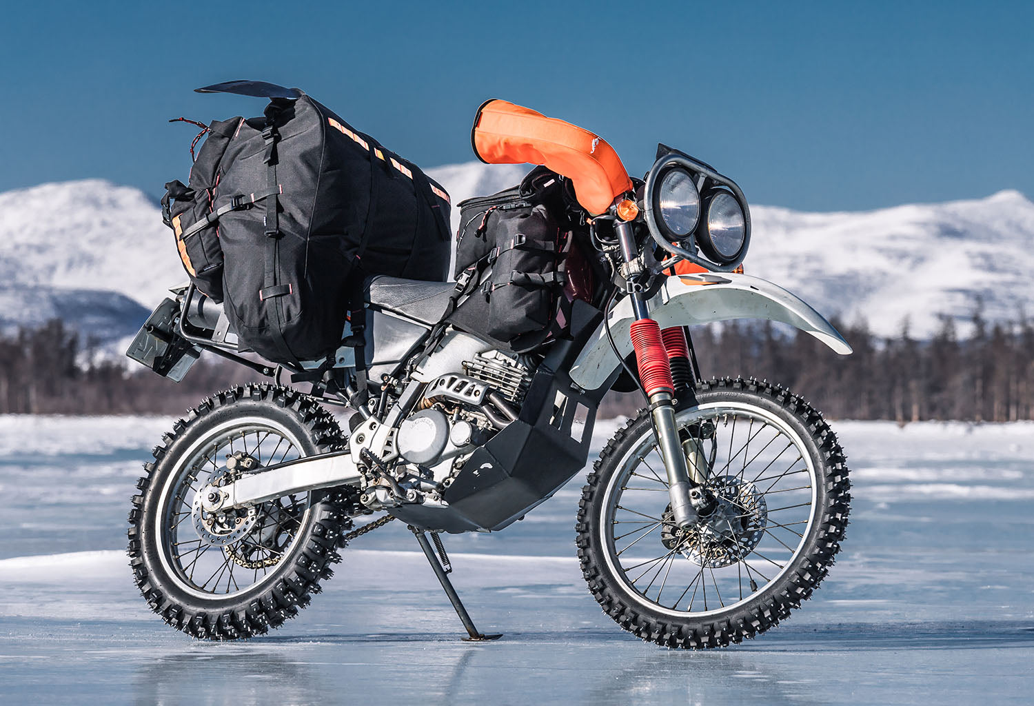 motorcycle prepared for riding in Siberia