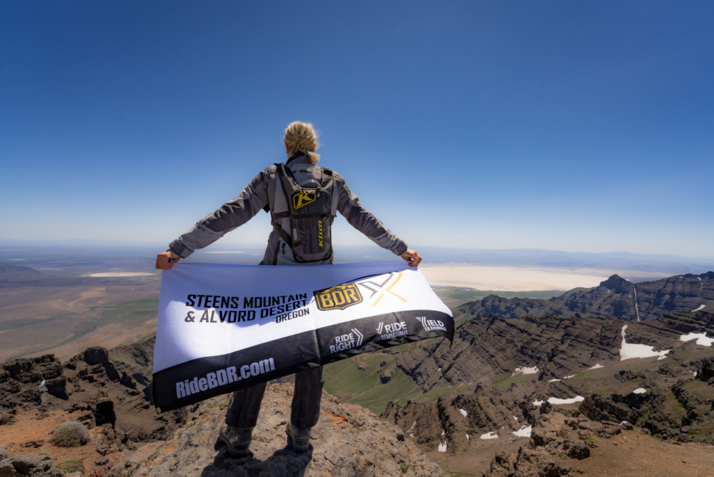 Alvord desert lookout with BDR motorcyclist