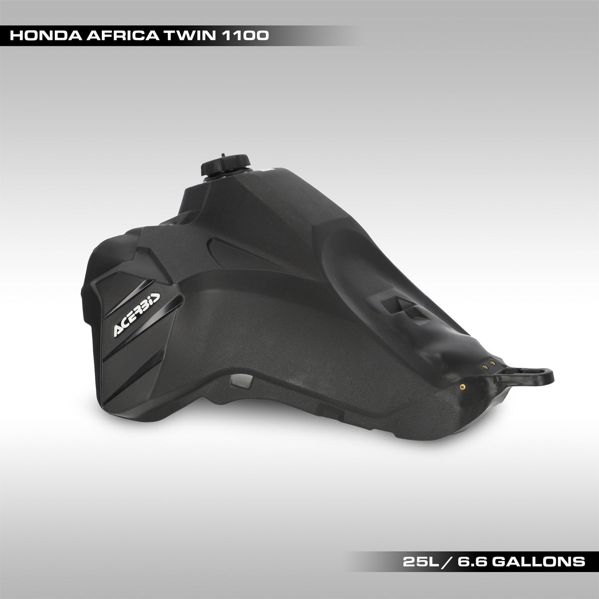 Larger Honda Africa Twin 1100L fuel tank. Aftermarket fuel tank from Acerbis will increase the fuel capacity of your 2020 - 2023 Honda Africa Twin by 1.6 gallons to 25 liters or 6.6 gallons. Top quality Acerbis fuel tank. Honda Africa Twin dualsport adventure motorcycle.
