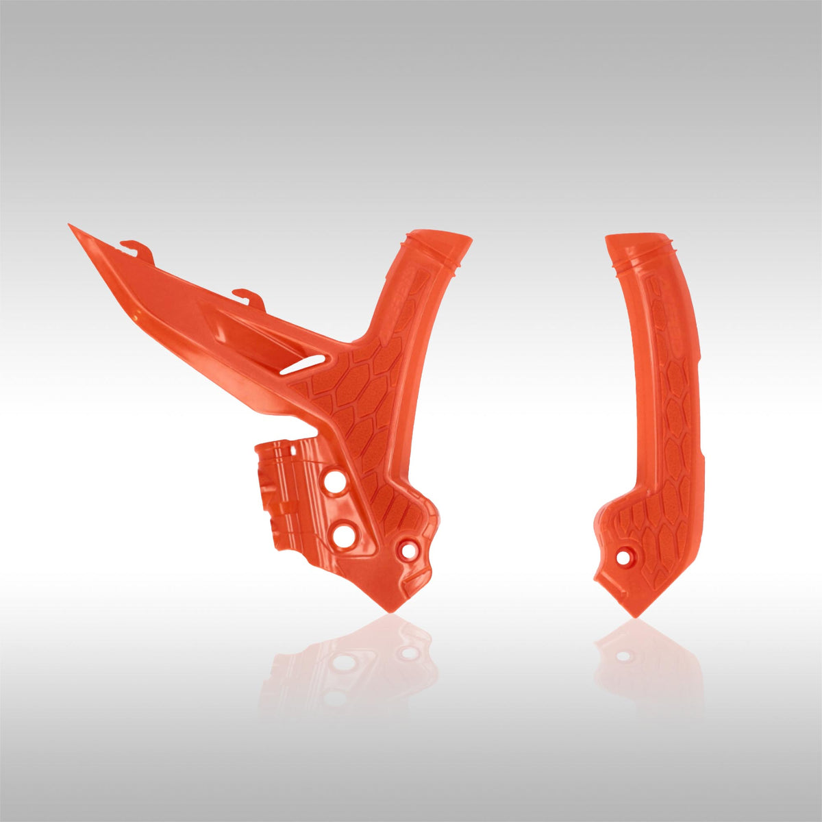 Acerbis X-Frame Protectors for the new generation of KTM dirtbikes and dualsport machines. Protect the frame and increase grip and control all with one part. Dirtbike frame guard in orange / orange