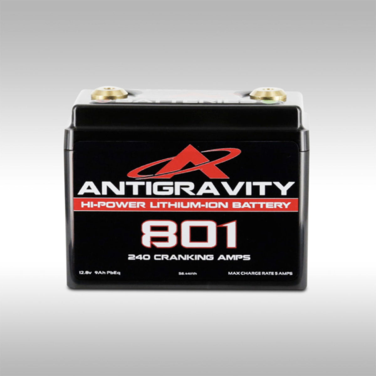 Antigravity Battery AG-801 lithium ion battery with 240 cranking amps. Straight on view.