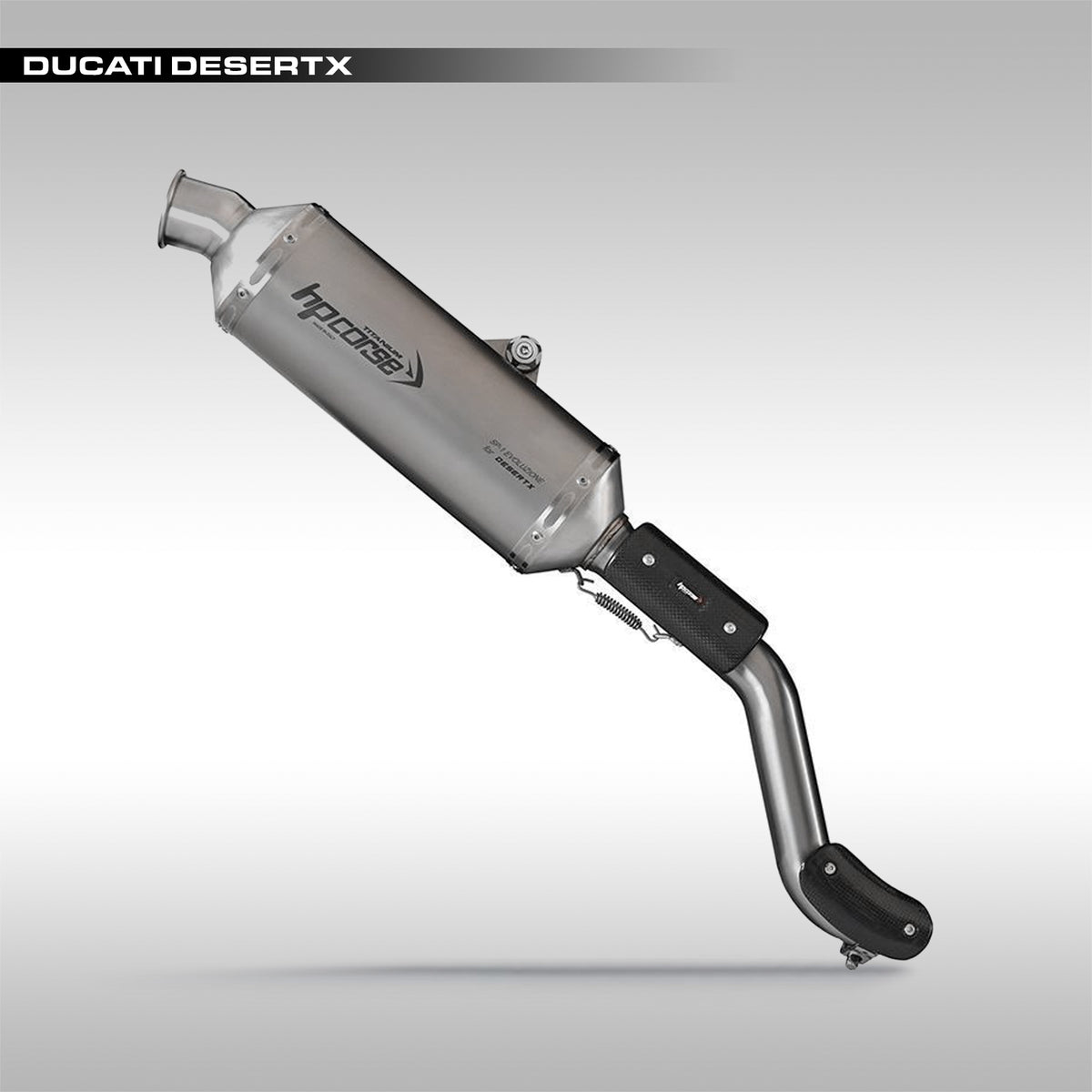 HP CORSE exhaust for the Ducati Desert X. This is the SP-1 high mount slip-on option. Hand made in Italy using Titanium for light weight, durability and great looks. 