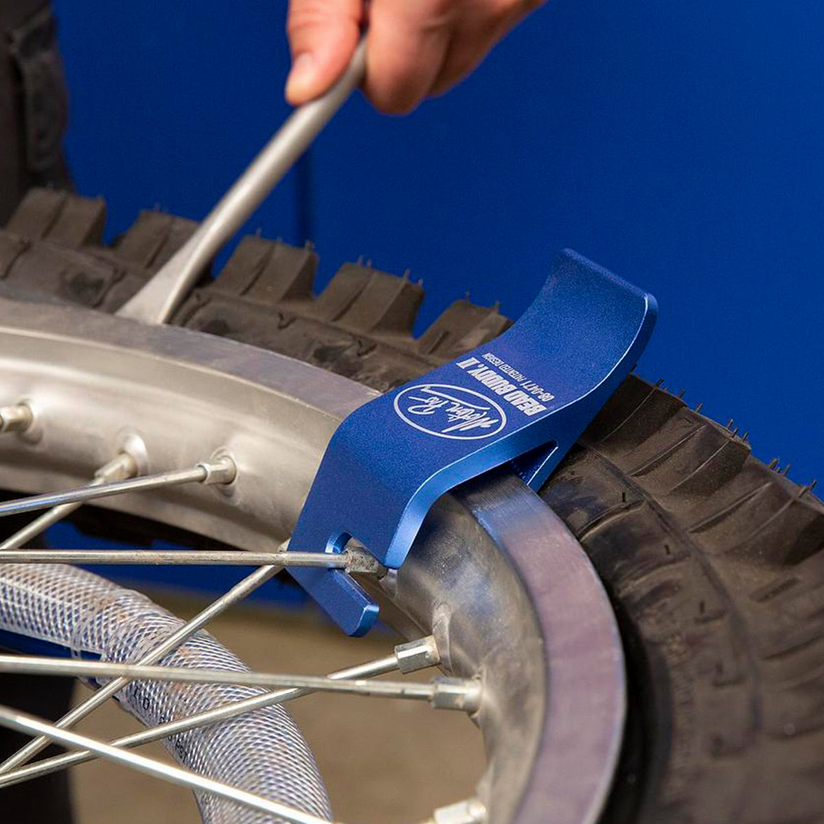 Motion Pro Bead Buddy II for changing motorcycle tires. Changing motorcycles tires is easier with Bead Buddy 2. Tool for keeping bead down when changing motorcycle tires. Motorcycle tools. Blue motorcycle tools.