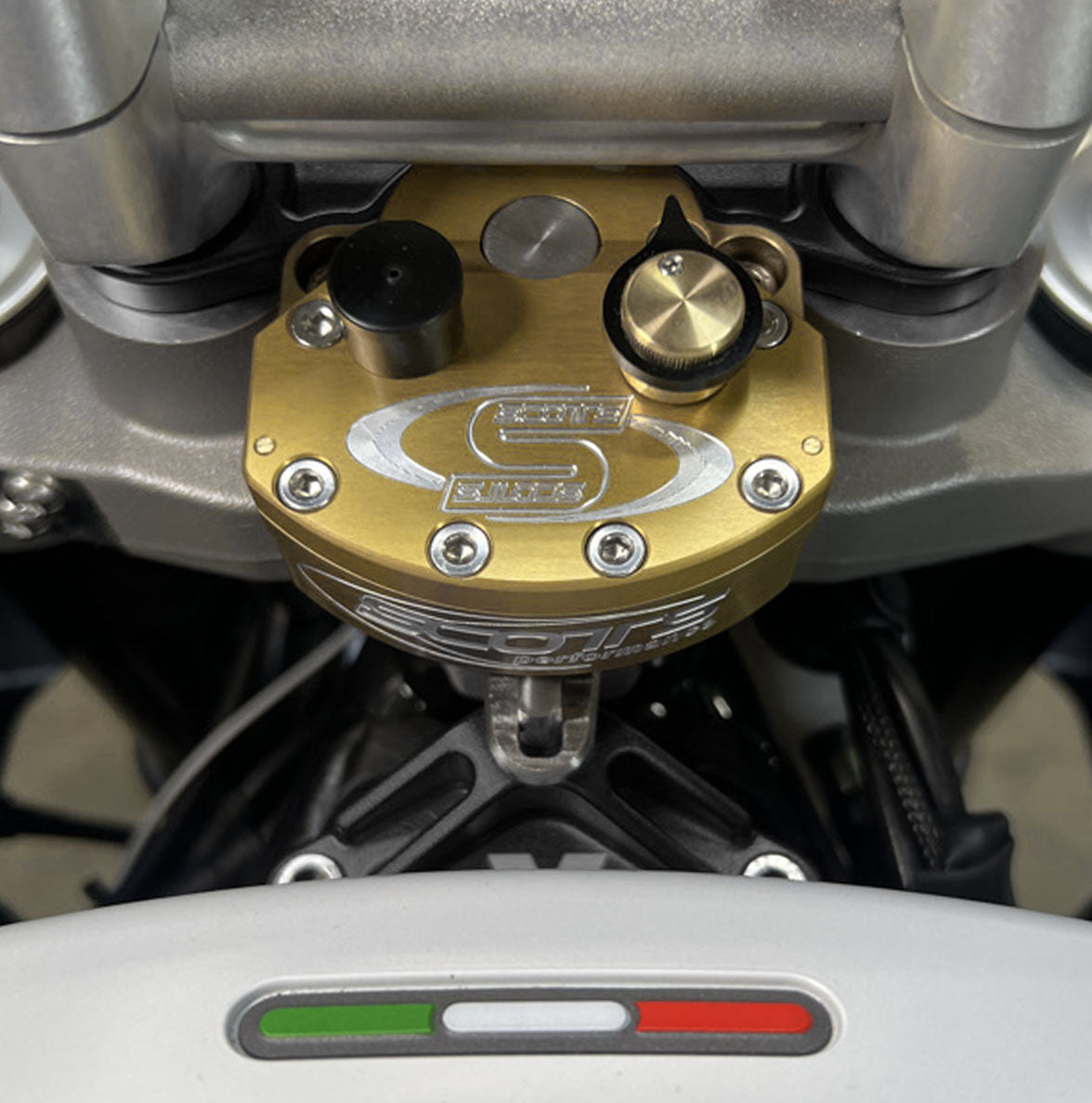 Steering damper kit for the Ducati Desert X. Ducati Desert X steering stabilizer. Desert X performance parts. Ducati performance parts. Desert X adventure bike. Ducati dualsport motorcycle. Offroad performance improvements for the Ducati Desert X.