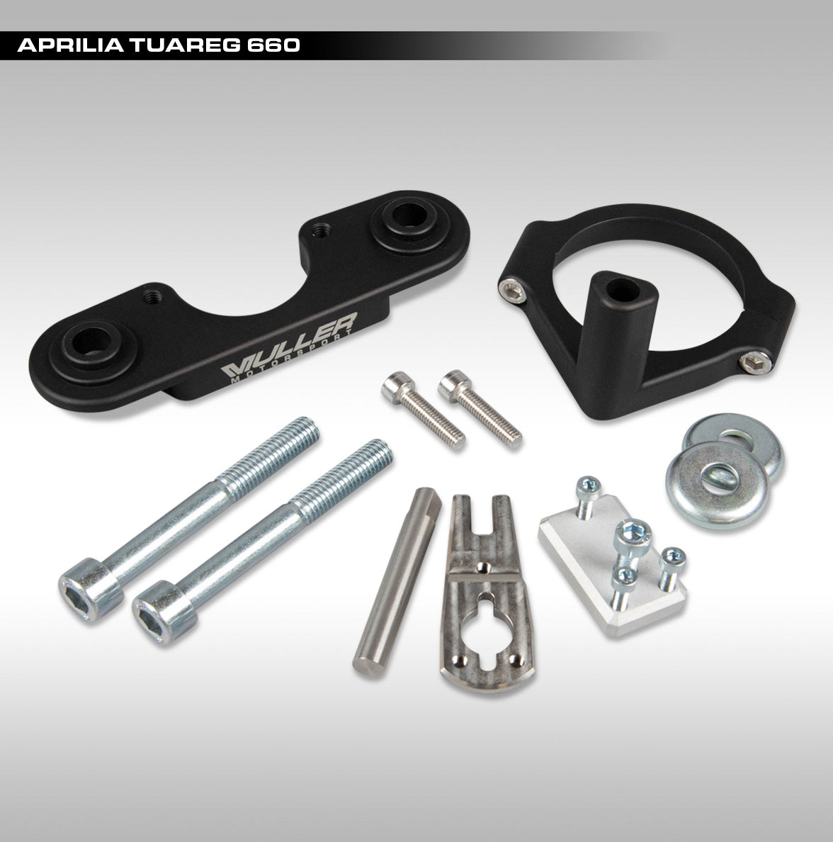 A steering damper mount kit for Aprilia Tuareg 660 motorcycles, including an aluminum damper mount, pin holder, stainless steel pins, and a custom arm for damper installation.