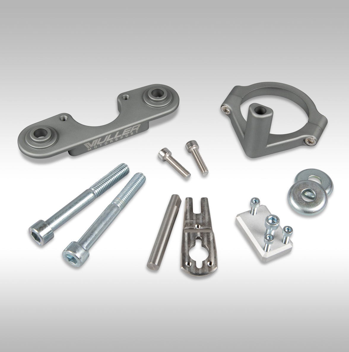 A steering damper mount kit for Aprilia Tuareg 660 motorcycles, including an aluminum damper mount, pin holder, stainless steel pins, and a custom arm for damper installation.