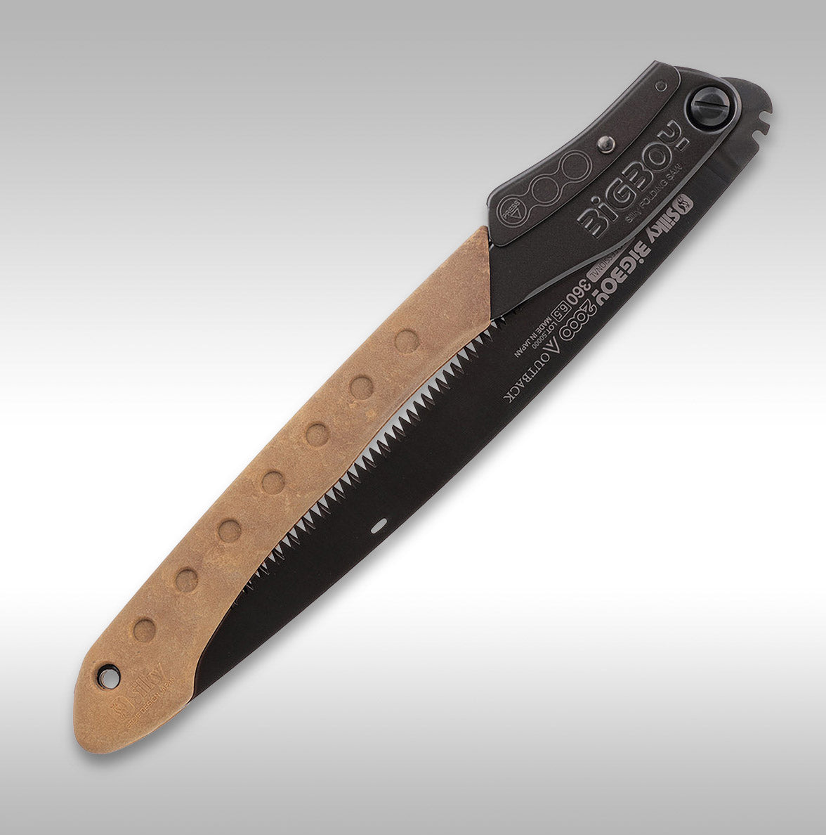 Silky Saws Bigboy 2000 Outback Edition 300mm Folding Saw with a black blade and brown handle on a gray background