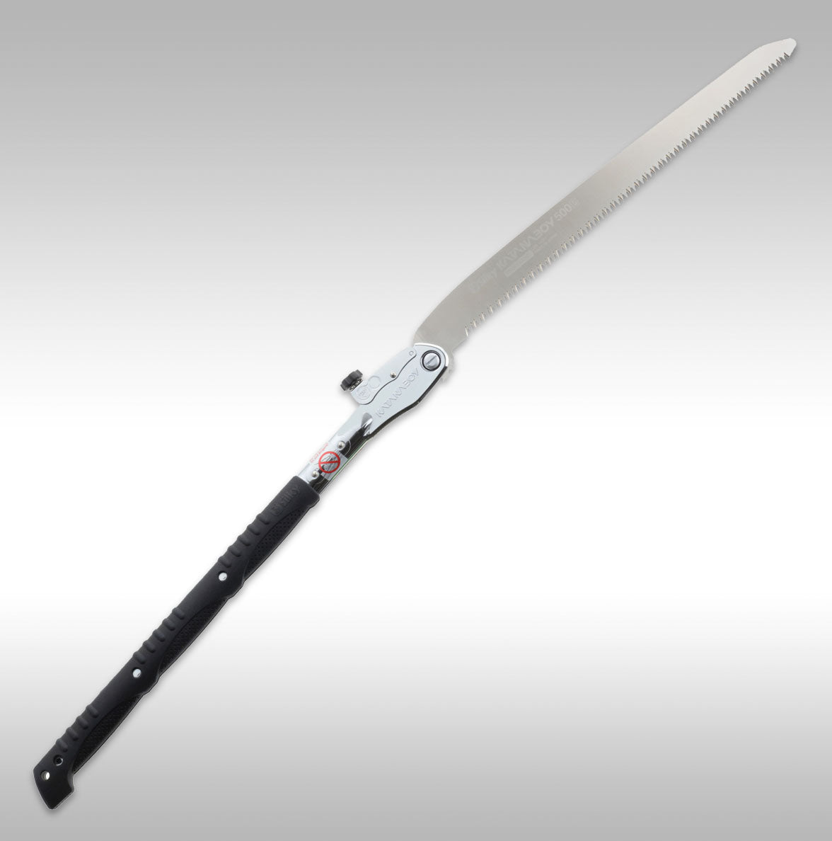 A folding Silky Saw with a long blade and a black rubberized handle, designed for cutting large timber and tree trunks.
