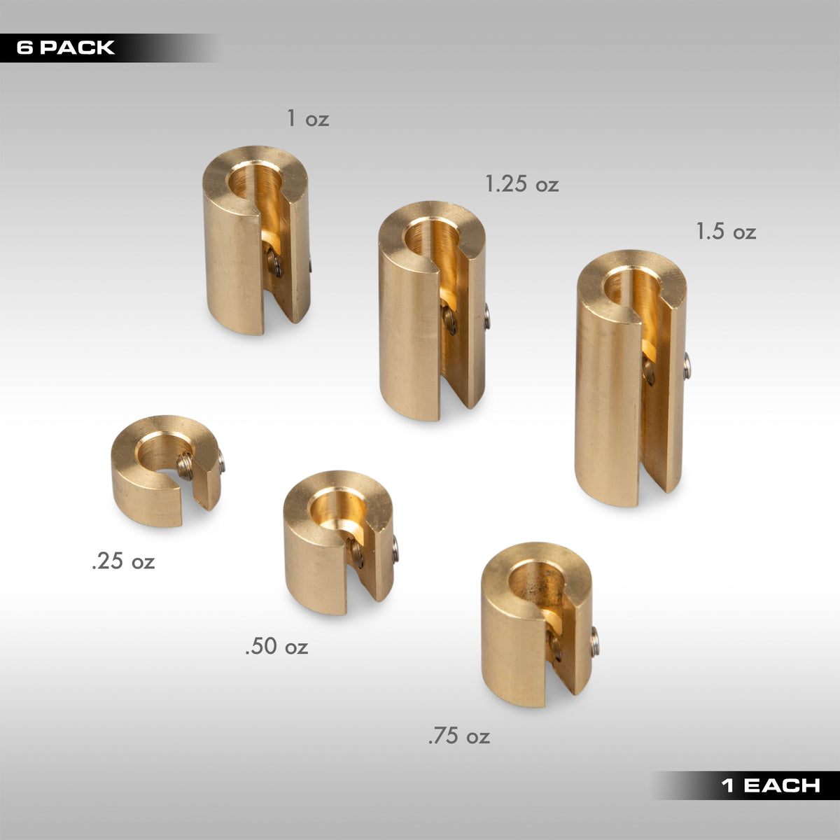 6 pack assortment with 1 of each size No-Mar wheel weights for balancing your motorcycle wheels. Machined brass weights are designed to lock onto the spokes with a set screw letting you get the perfect balance for your wheels. No Mar motorcycle wheel weights.