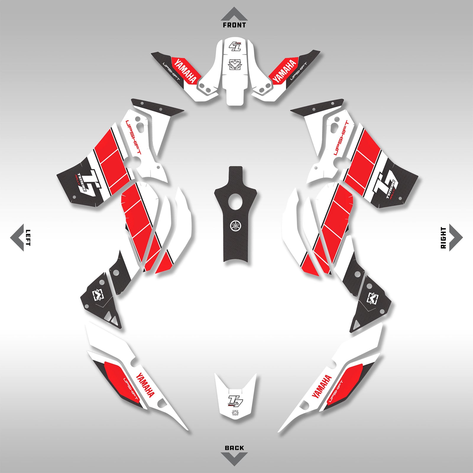 Tenere 700 graphics kit. Tenere 700 wrap. The Rally Graphiks kit from Upshift Online for the Yamaha Tenere 700 adventure bike. T7 graphics kit. Motorcycle graphics kit. Custom Tenere 700