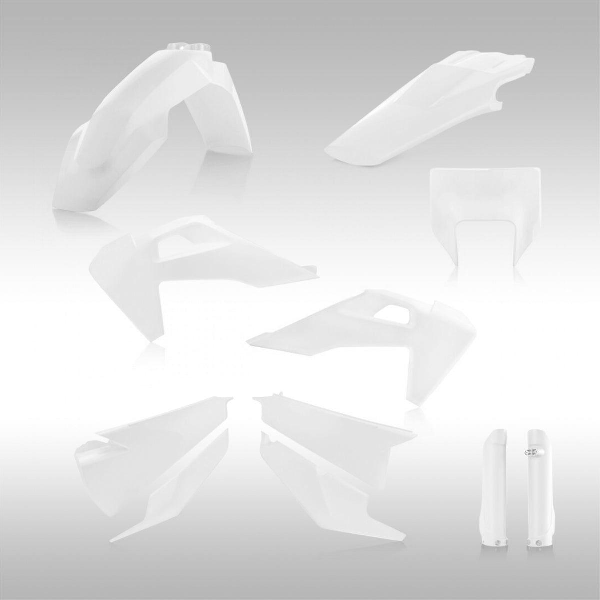 Acerbis plastic body work for 2020 - 2023 Husqvarna FE and Husqvarna TE models. Husqvarna dualsport and offroad body kits. Plastics for your Husqvarna dirt bike, enduro, dualsport. All white plastics for Husqvarna.