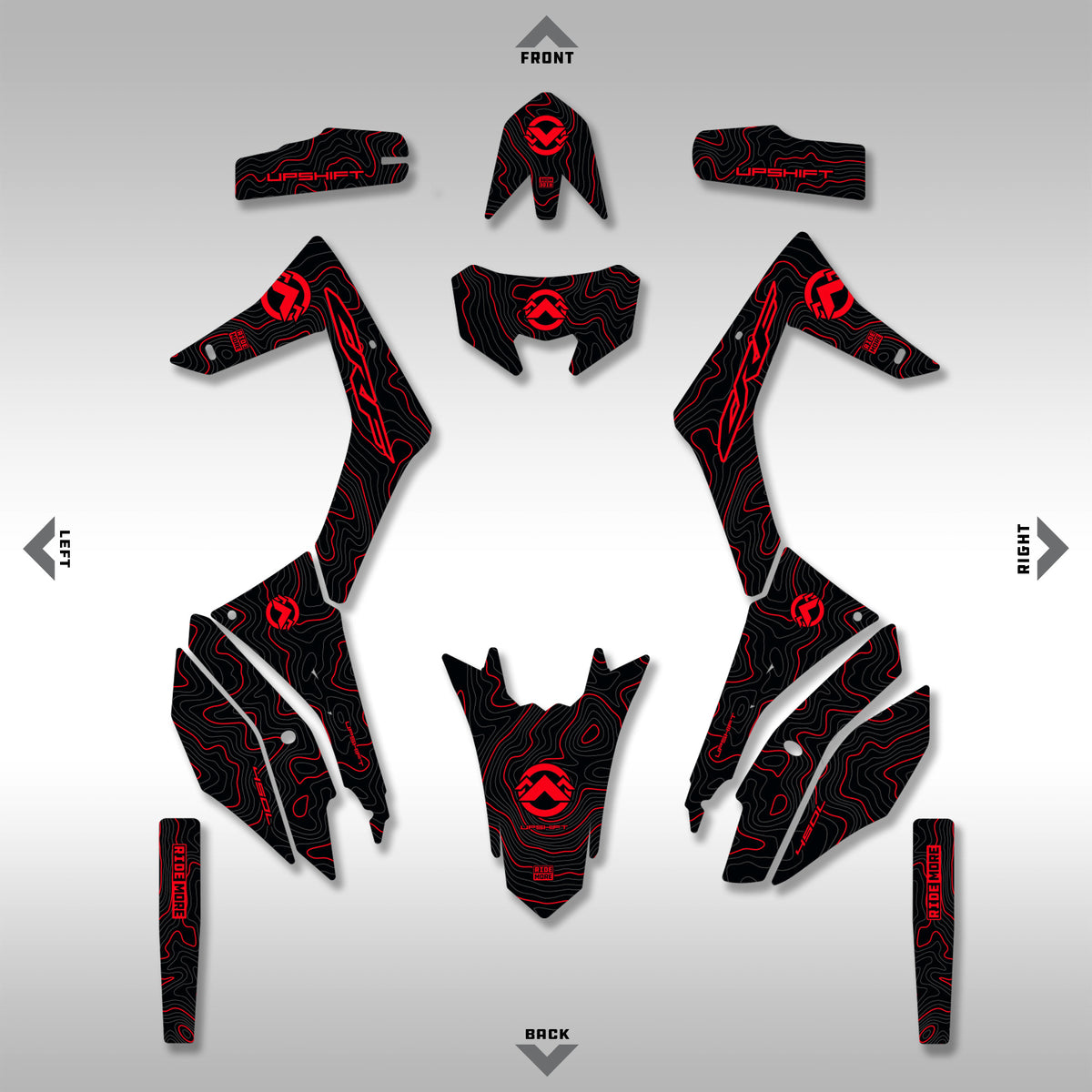 Layout of the CRF450L / CRF450RL Black Red TOPO graphics kit from TMBR MOTO.