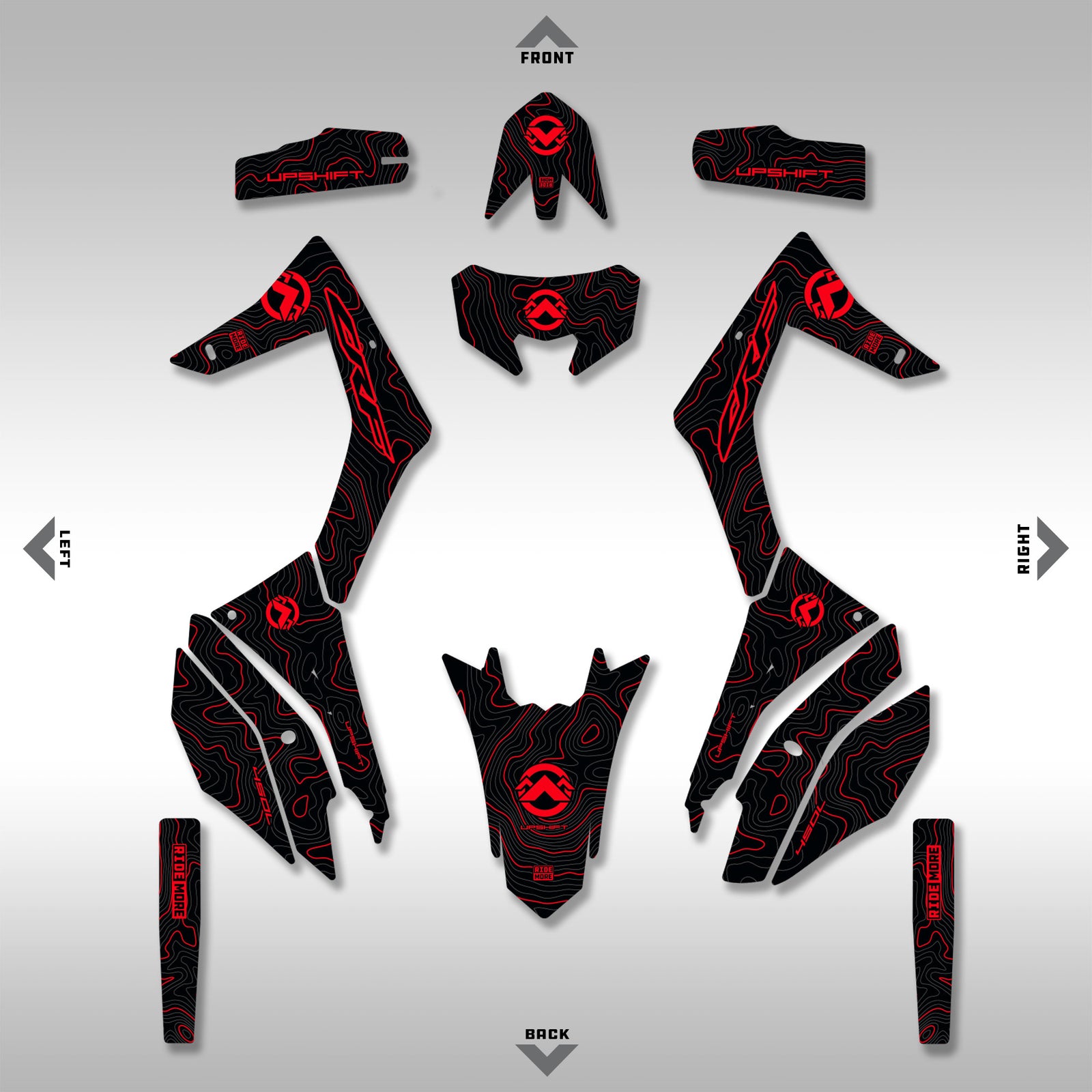 Side view of a Honda CRF450L / CRF450RL with the Black Red TOPO graphics kit installed.