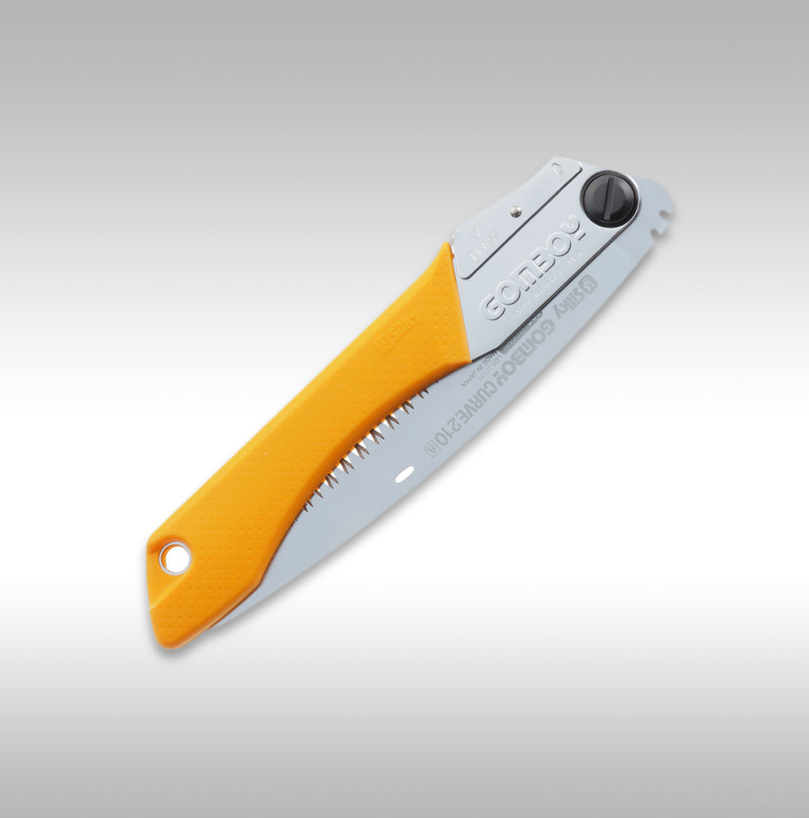 A Silky Gomboy Curve Pro 210 folding saw with a orange handle and silver blade.