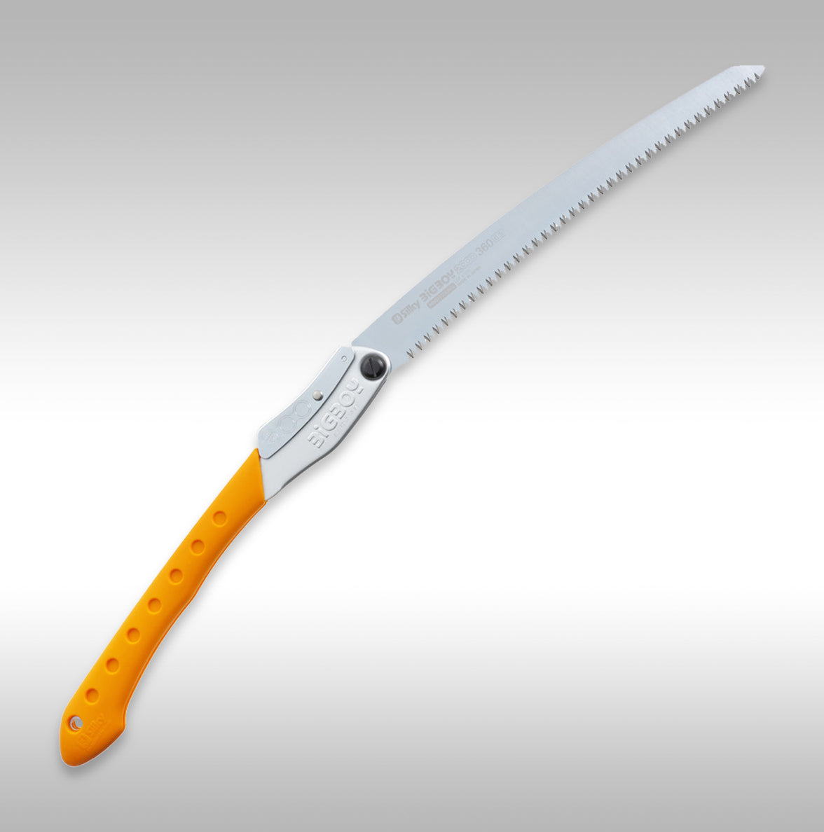 A Silky Saws folding saw with a silver blade and yellow handle, marked with the Silky Saws brand logo.