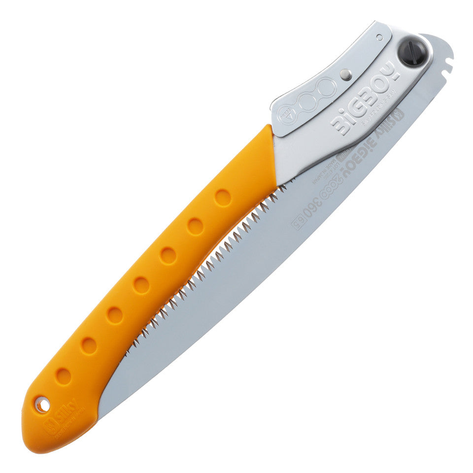 A Silky Saws folding saw with a silver blade and yellow handle, marked with the Silky Saws brand logo.