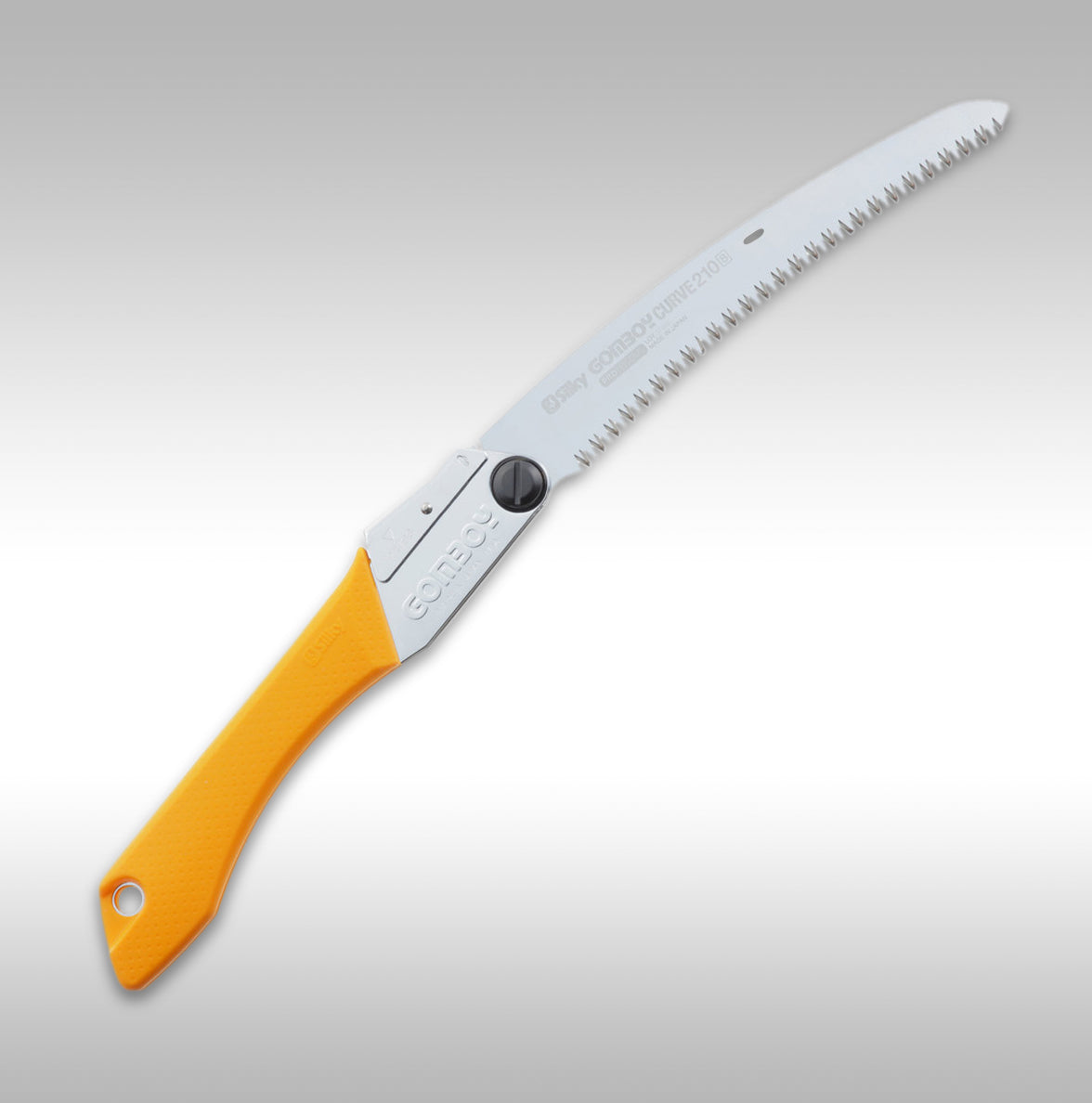 A Silky Gomboy Curve Pro 210 folding saw with a orange handle and silver blade.