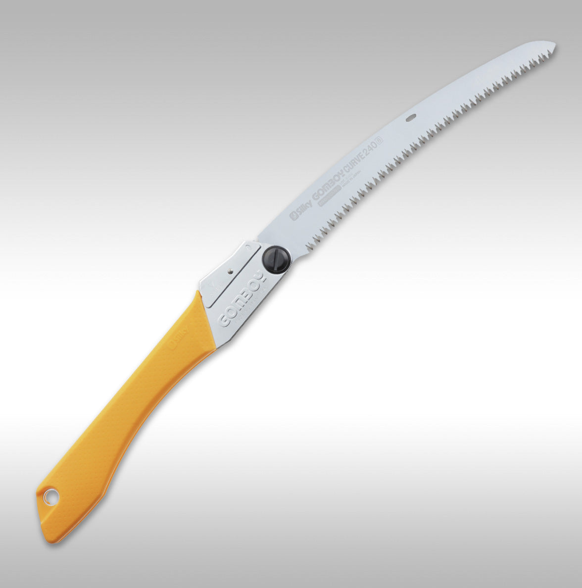 Silky Saws Gomboy Curve 240mm saw. The classic yellow rubber handle with the hardened large tooth blade. Made in Japan. Trail maintenance tools for offroad enthusiasts.