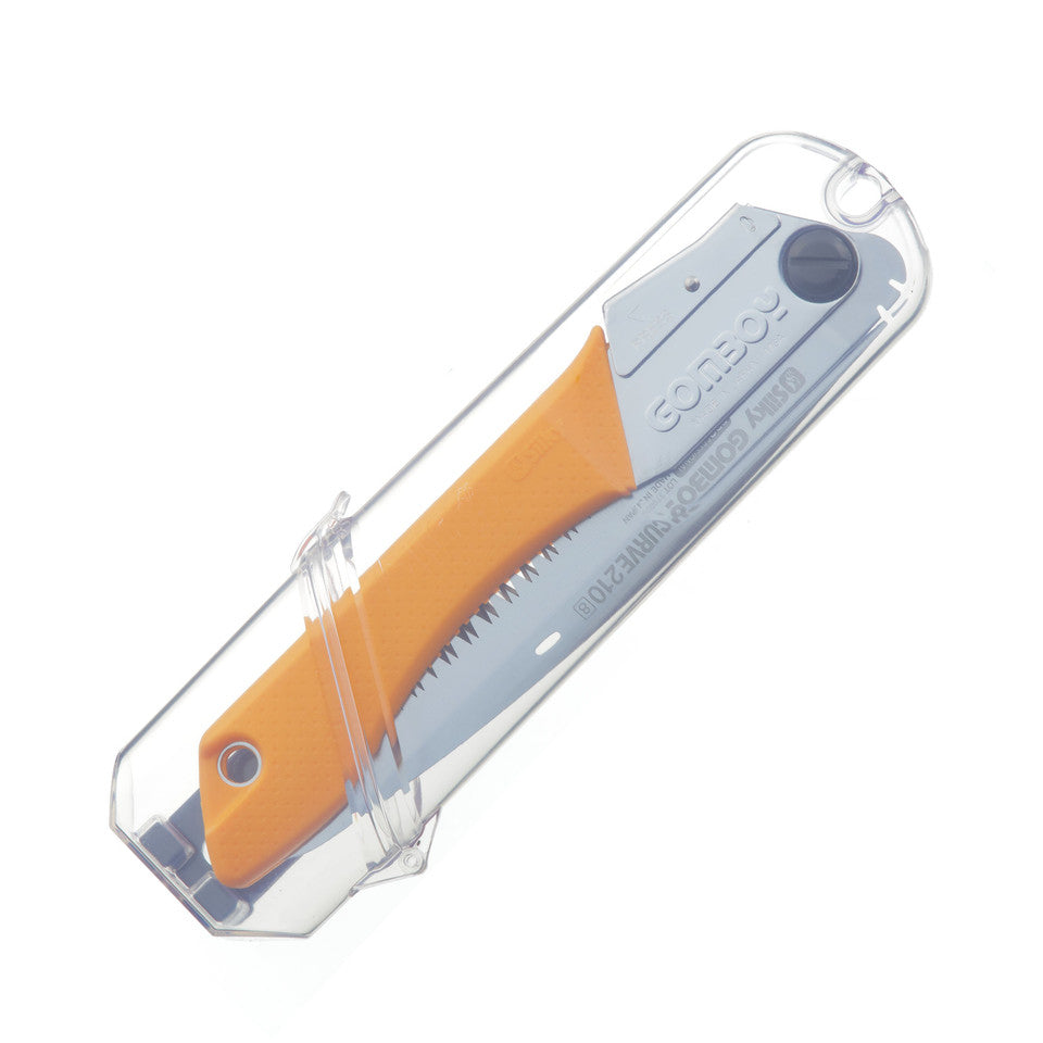 Silky Saws Gomboy Curve 240mm saw in the clear plastic case. The classic yellow rubber handle with the hardened large tooth blade. Made in Japan. Trail maintenance tools for offroad enthusiasts.