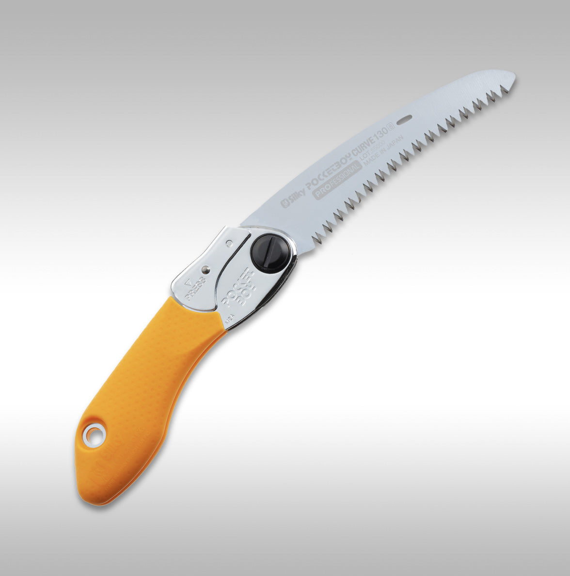 A compact folding saw with a stainless steel blade and orange handle, featuring a curved design and a flip-lock carrying case.