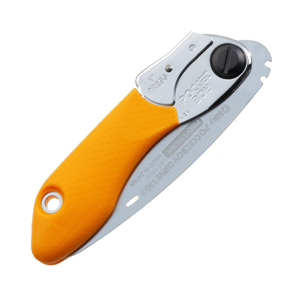 A compact folding saw with a stainless steel blade and orange handle, featuring a curved design and a flip-lock carrying case.