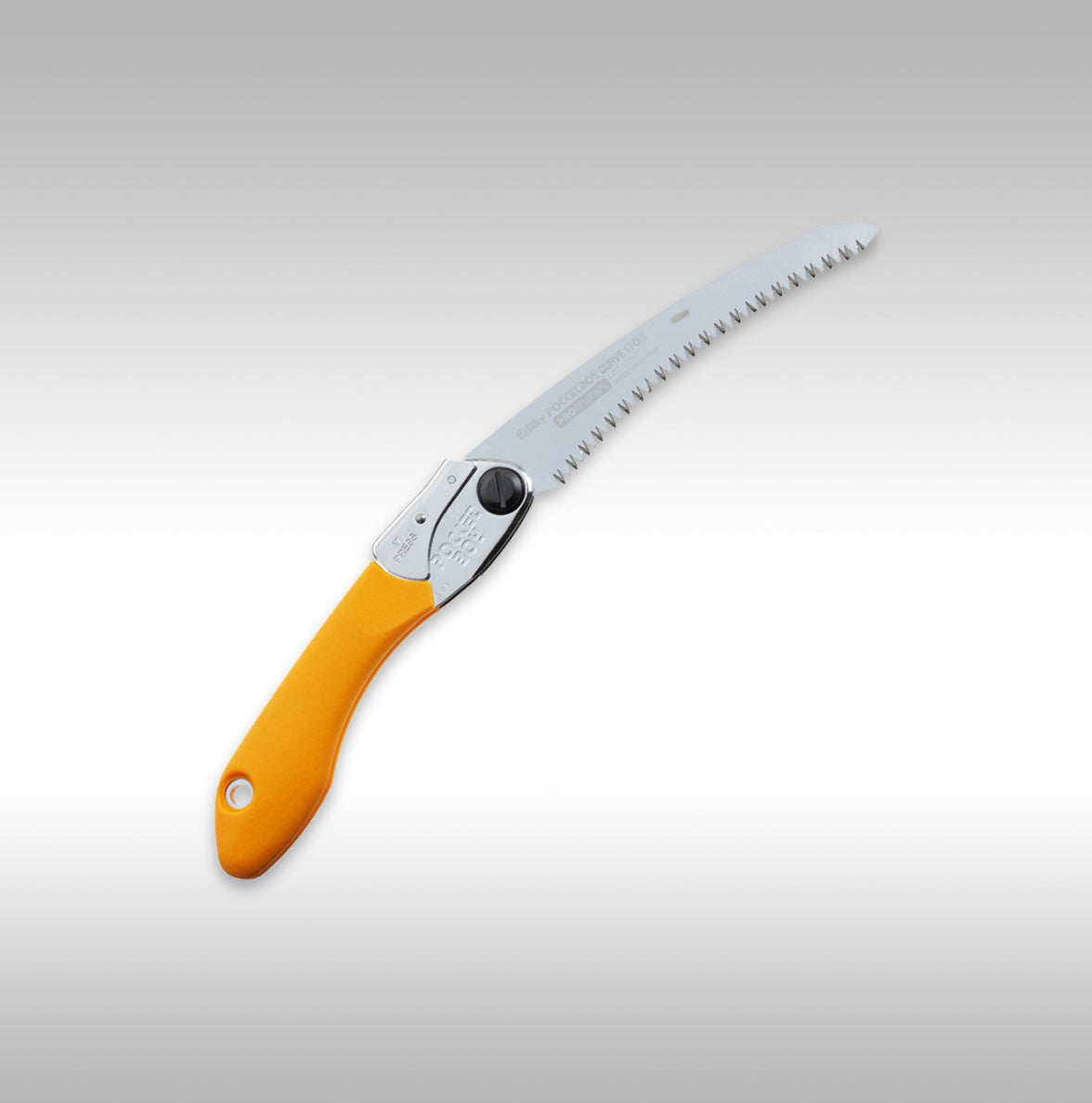 A Silky Saws compact folding saw with a yellow handle and silver blade, featuring a curved blade design and a metal tooth structure.
