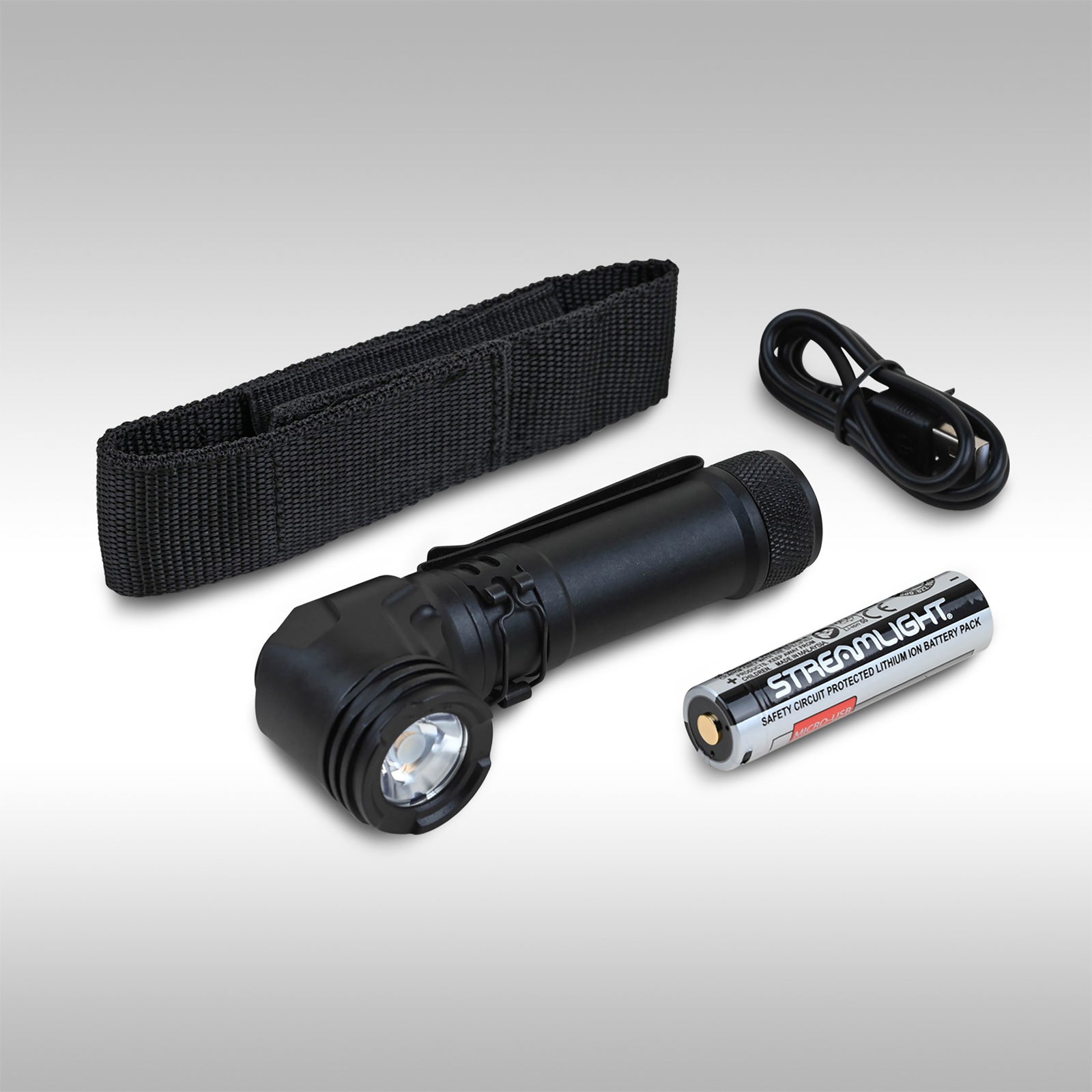 A black Streamlight ProTac 90X USB rechargeable flashlight with a right-angle head and a pocket clip.