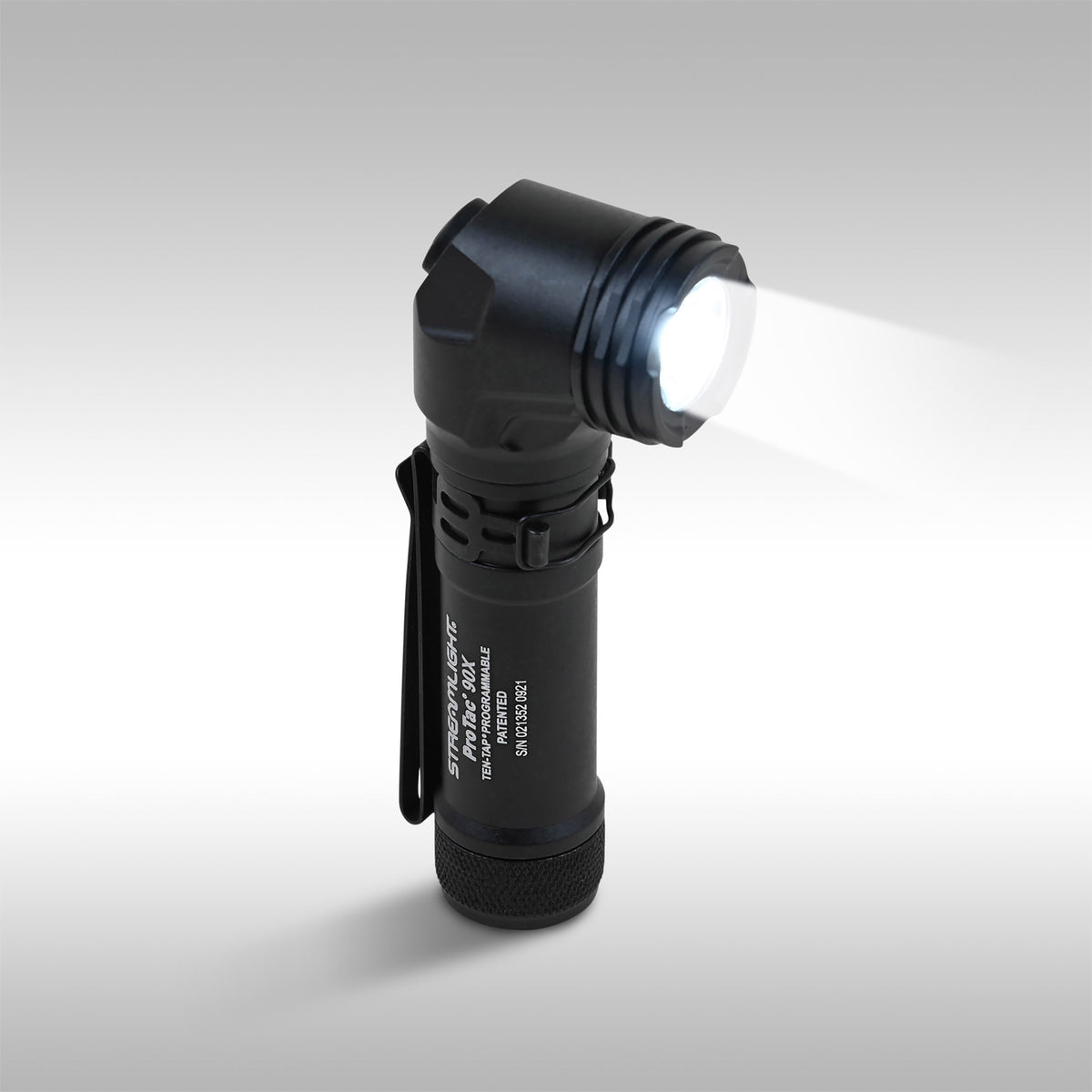 A black Streamlight ProTac 90X USB rechargeable flashlight with a right-angle head and a pocket clip.